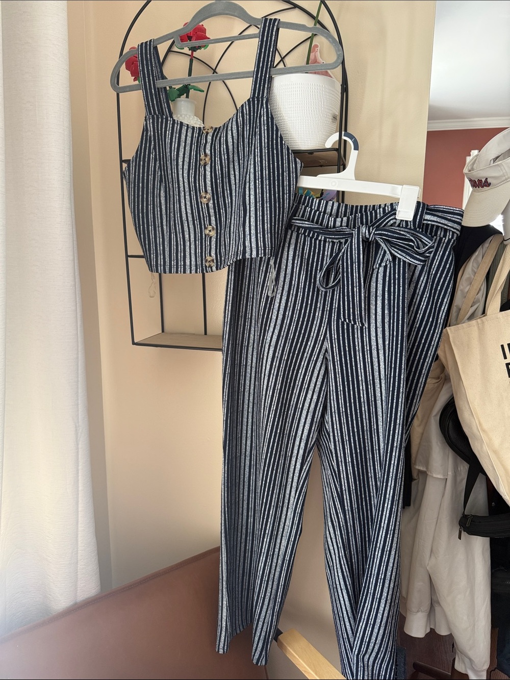 No Boundaries Navy & White Striped Crop Top with Tie-Waist Pants
